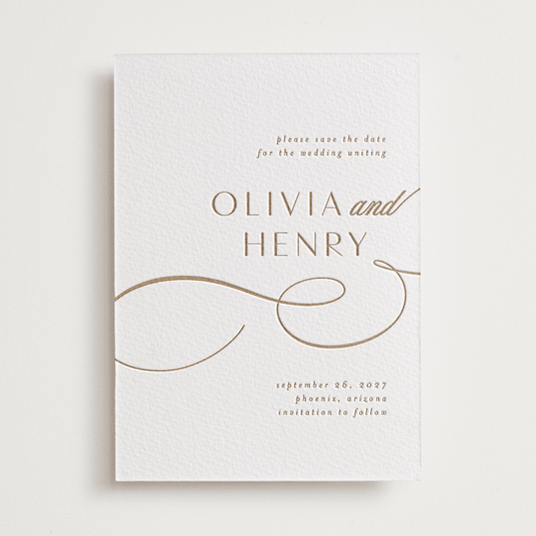 "Forever And" - Letterpress Save The Dates in Matte Gold by Jen Banks - One Color