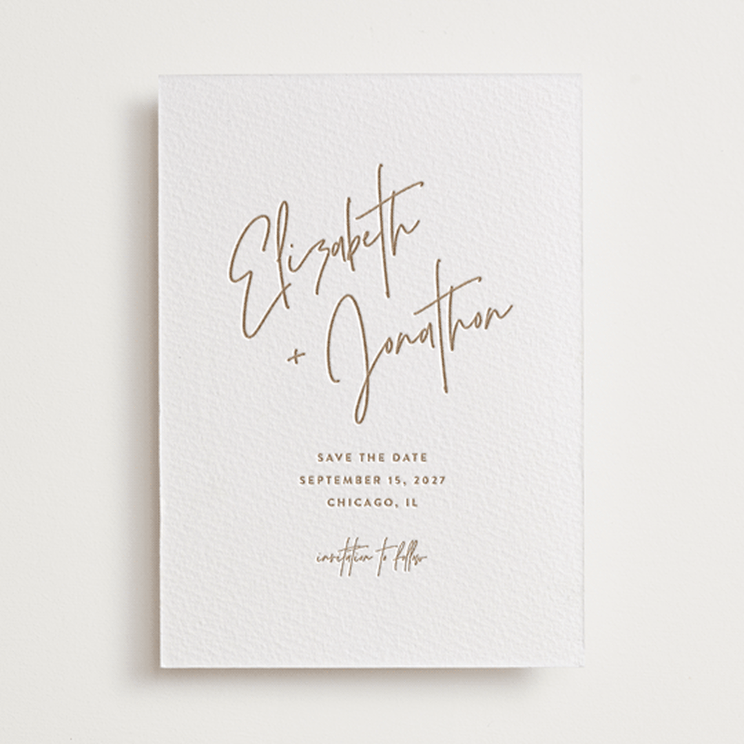 "Marked" - Letterpress Save The Dates in Matte Gold by JoAnn Jinks - One Color