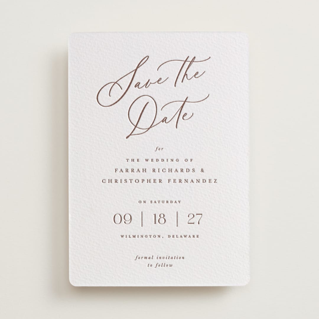 "Beautifully Scripted" - Letterpress Save The Dates in Burnt Sienna by Hooray Creative - One Color