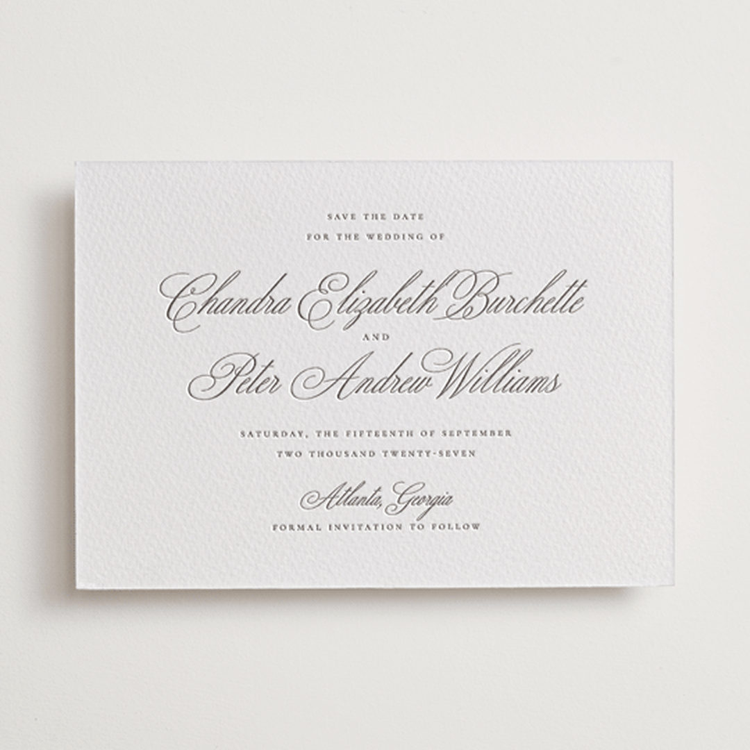 "Calligraphie" - Letterpress Save The Dates in Graphite by Wildfield Paper Co - One Color