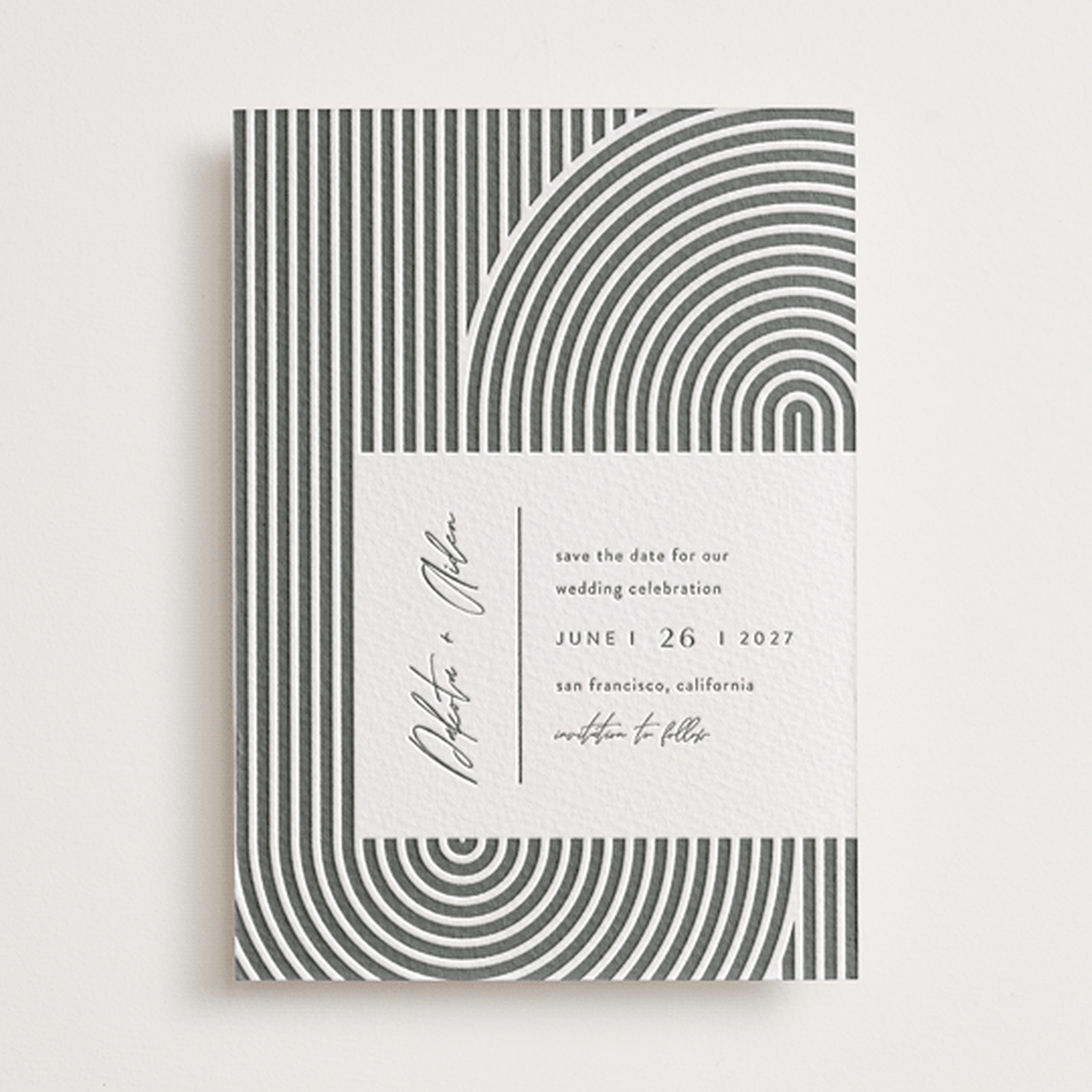 "Art Deco" - Letterpress Save The Dates in Pewter by Shannon Chen of Four Wet Feet Studio - One Color