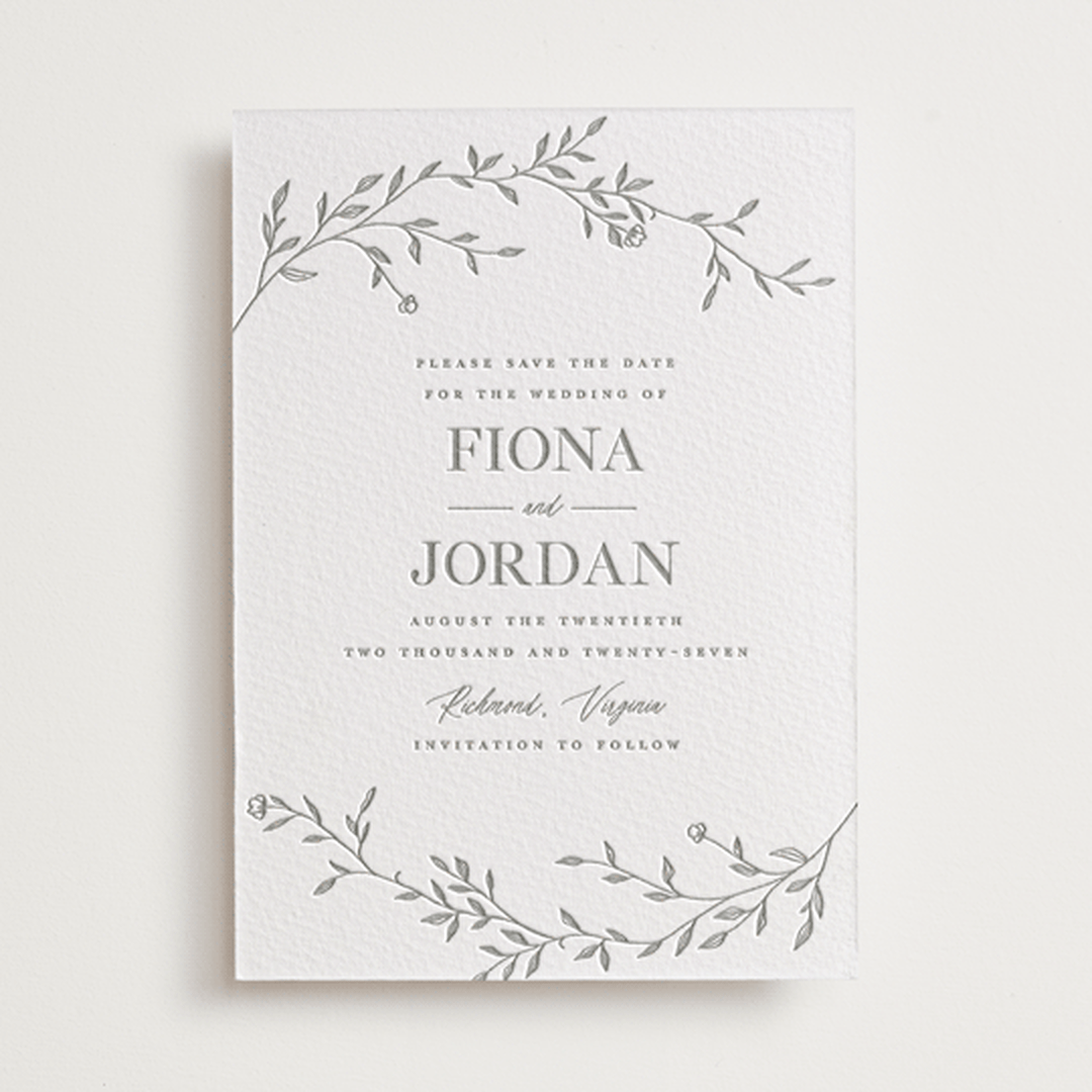 "Jasmine" - Letterpress Save The Dates in Ash by Vera Lim - One Color