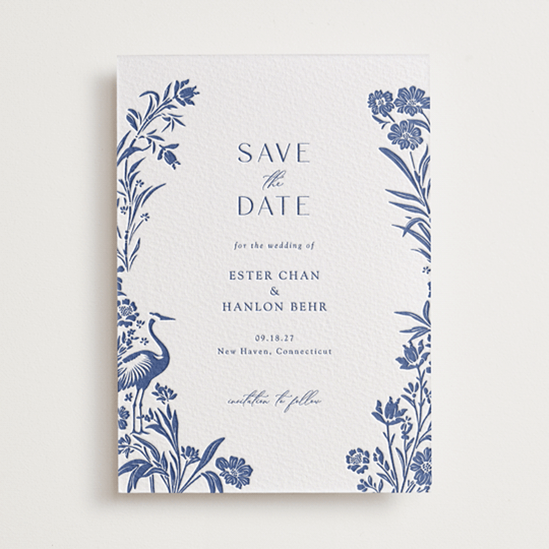 "Porcelain Garden" - Letterpress Save The Dates in Lapis by Corinne Malesic - One Color