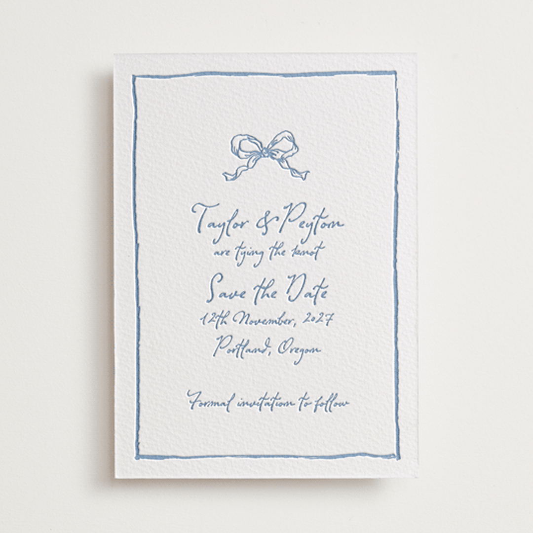 "ribbon bow drawing" - Letterpress Save The Dates in Provincial Blue by Cass Loh - One Color