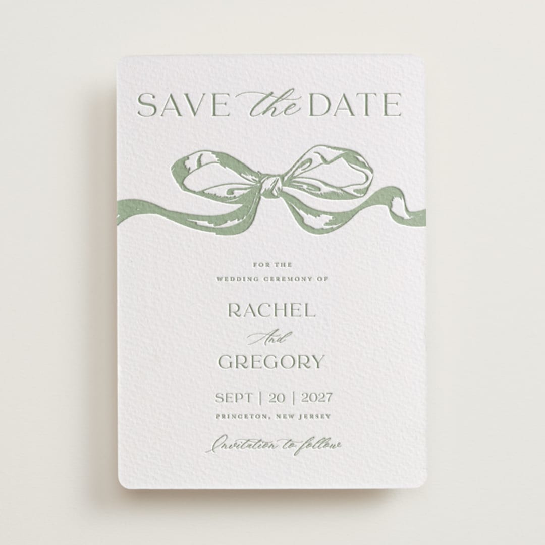 "Big Bow" - Letterpress Save The Dates in Mint by Teju Reval - One Color