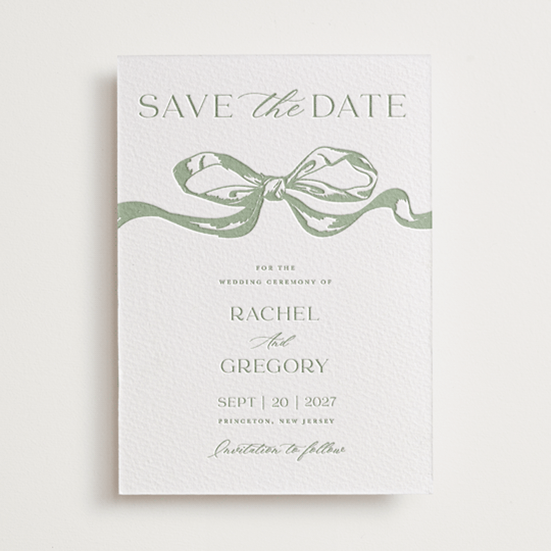 "Big Bow" - Letterpress Save The Dates in Mint by Teju Reval - One Color