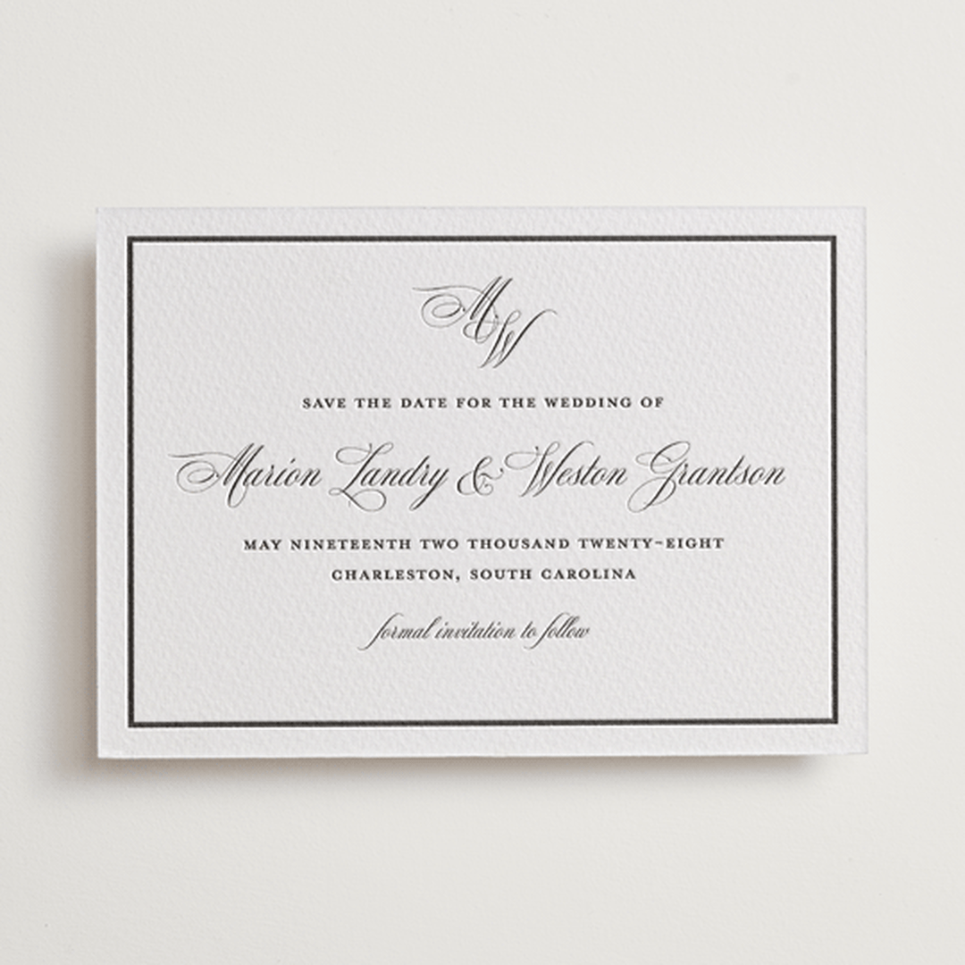 "Royal" - Letterpress Save The Dates in Soft Black by Melinda Denison - One Color