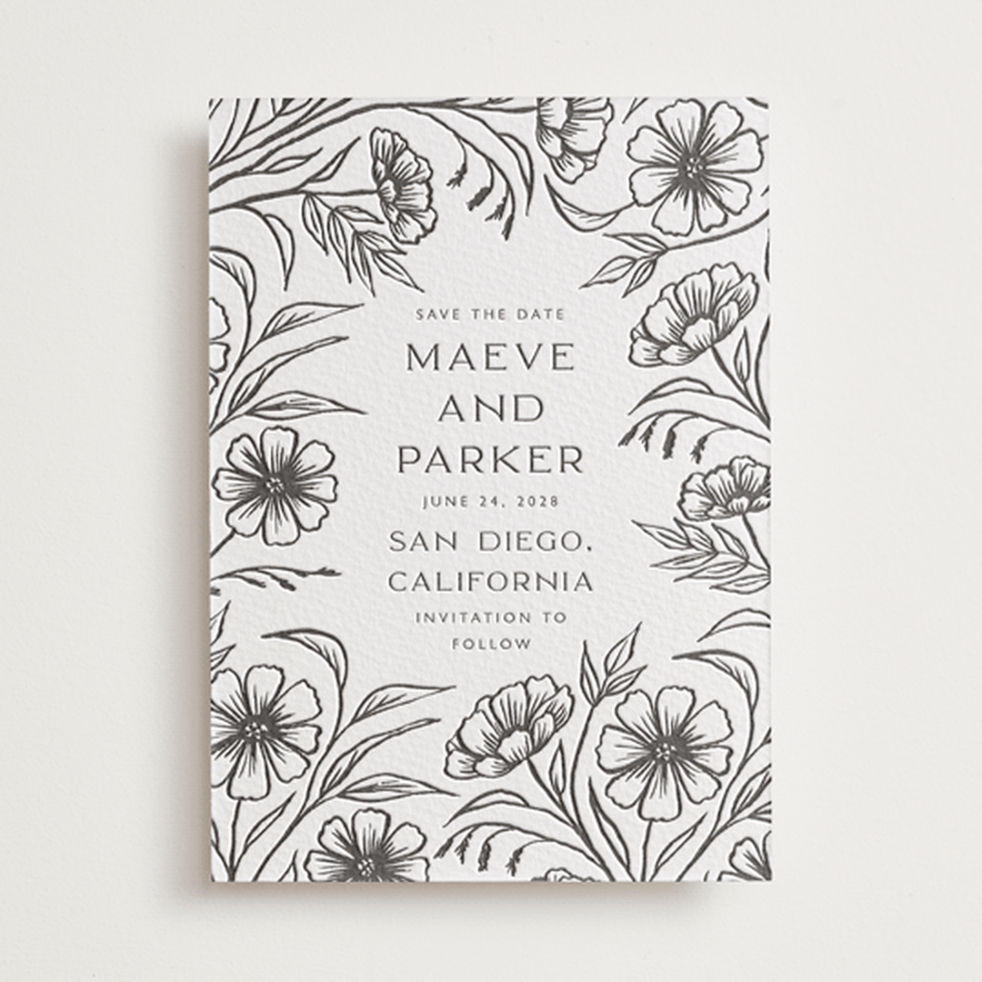 "Inked Wildflowers" - Letterpress Save The Dates in Soft Black by Katharine Watson - One Color
