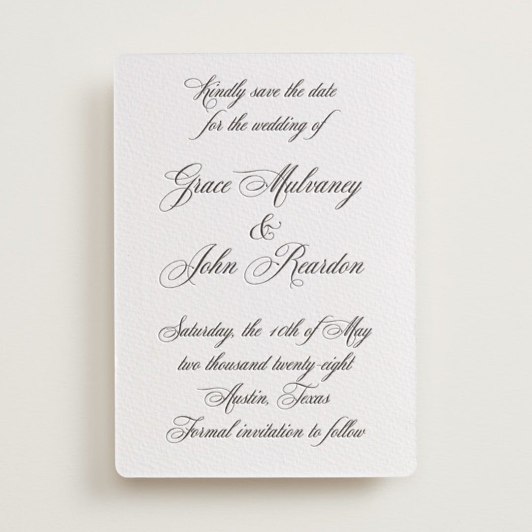 "Scripted in Love" - Letterpress Save The Dates in Soft Black by Janean Hinger - One Color