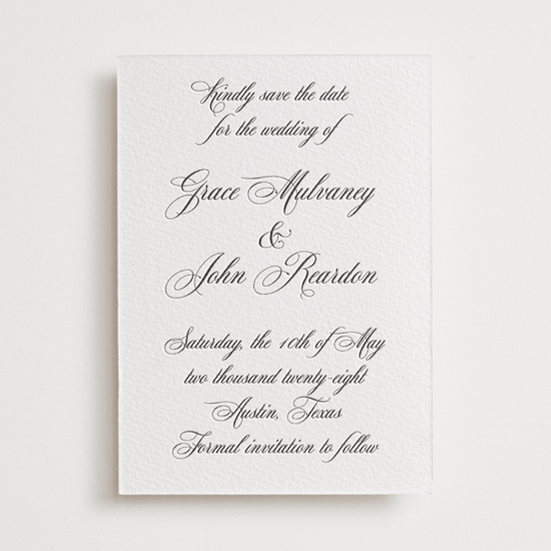 "Scripted in Love" - Letterpress Save The Dates in Soft Black by Janean Hinger - One Color