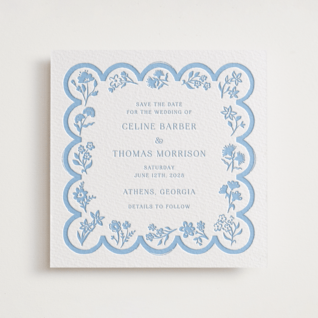 "Petite Jolie" - Letterpress Save The Dates in Sky Blue by Hannah Bowman - One Color