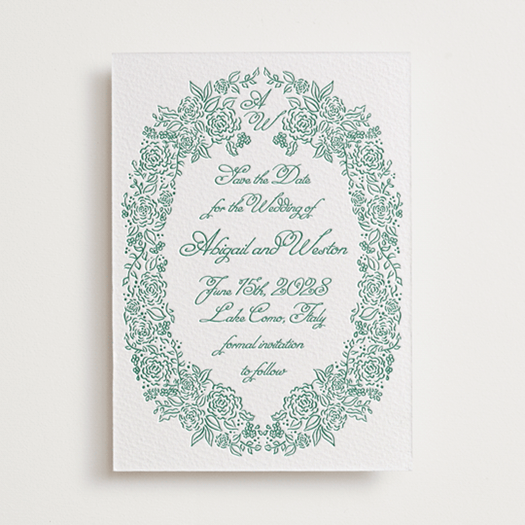 "Crest Florale" - Letterpress Save The Dates in Cucumber by Tamara Hilje - One Color