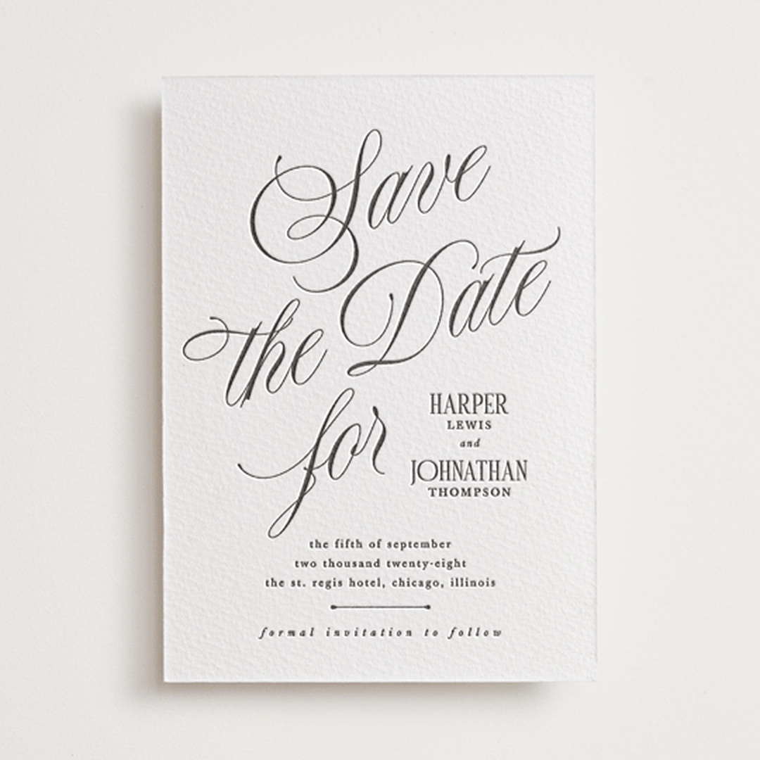 "Mirin" - Letterpress Save The Dates in Soft Black by Kate Ahn - One Color