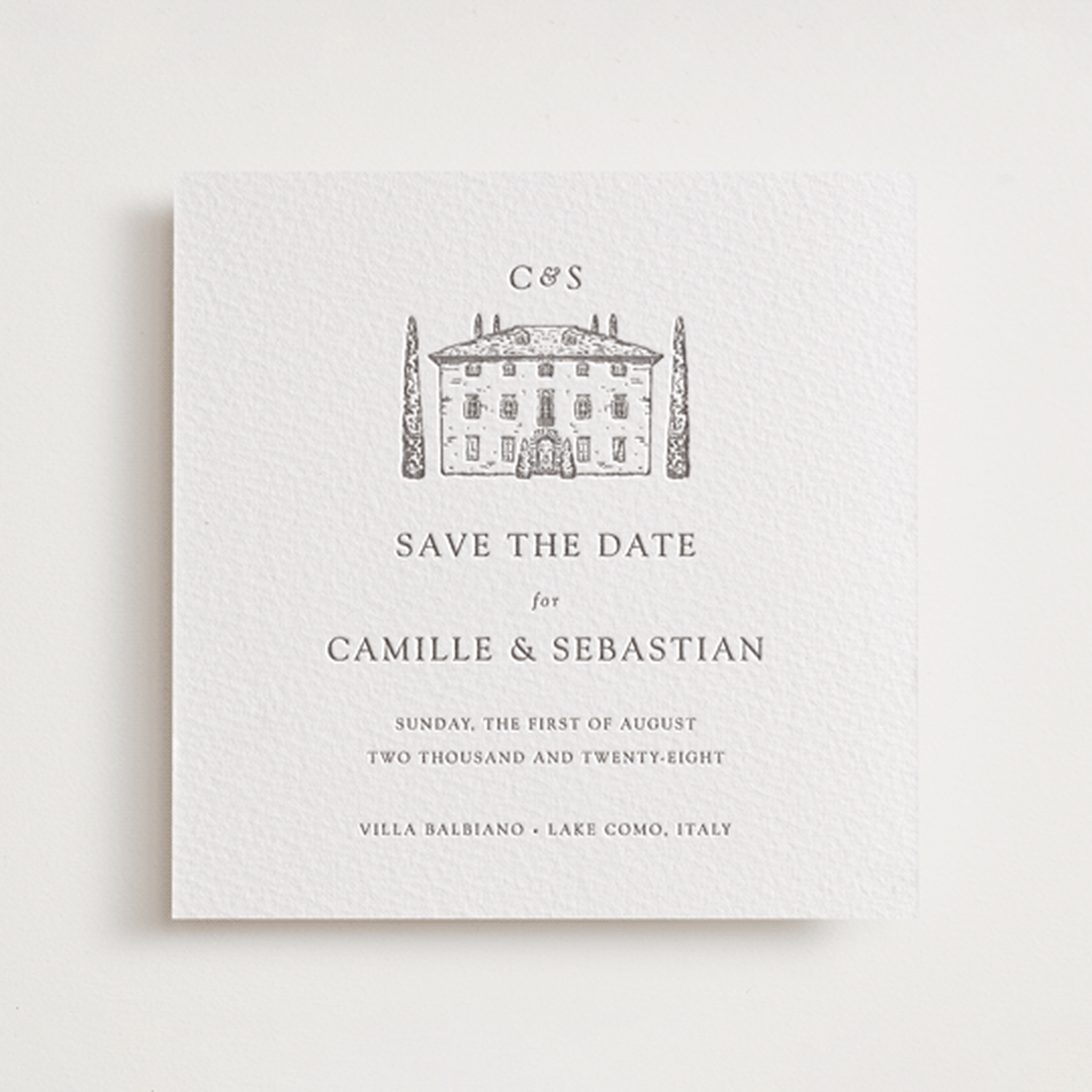 "Villa Balbiano" - Letterpress Save The Dates in Graphite by Melinda Denison - One Color