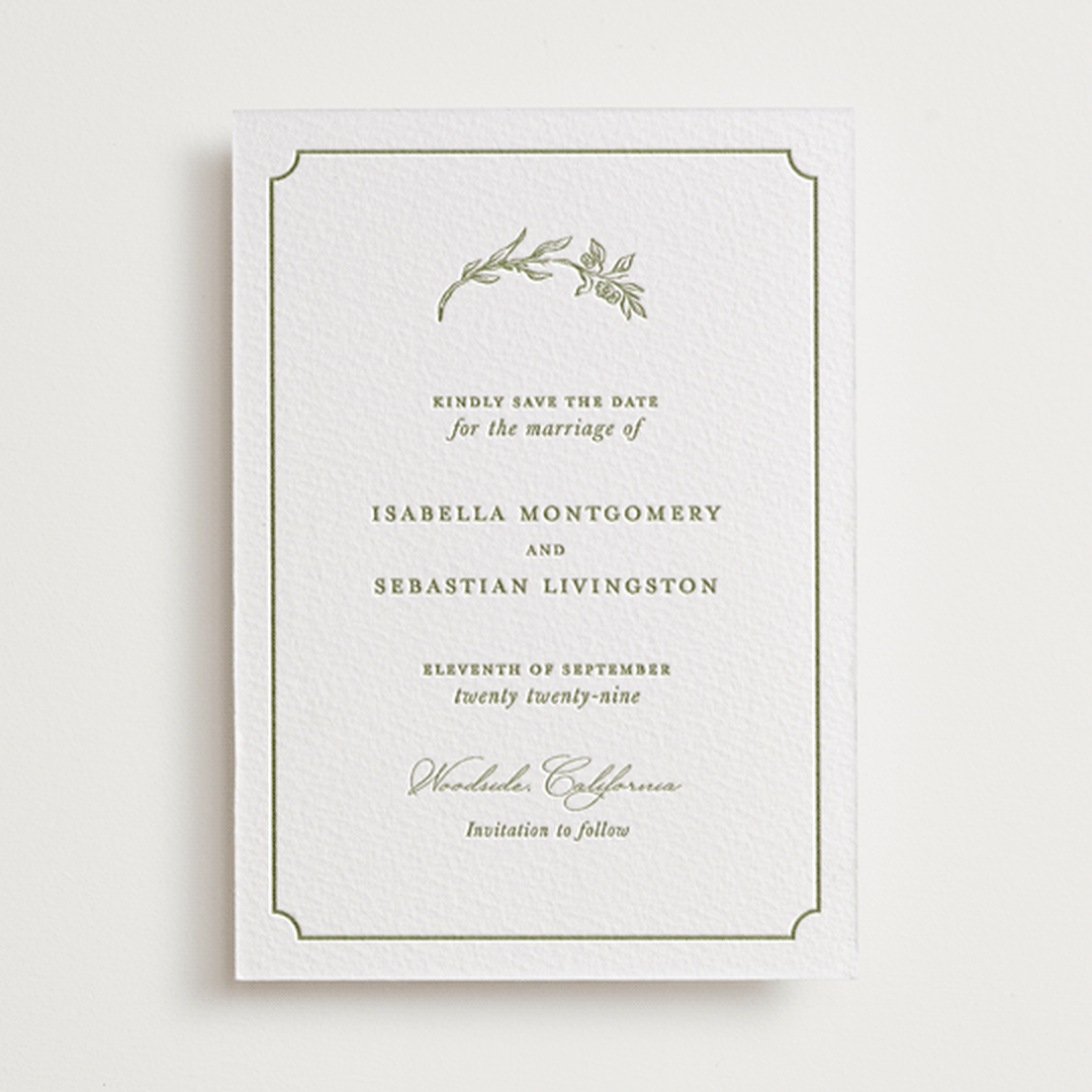 "Botanical Crest" - Letterpress Save The Dates in Pistachio by Lucrecia Caporale - One Color