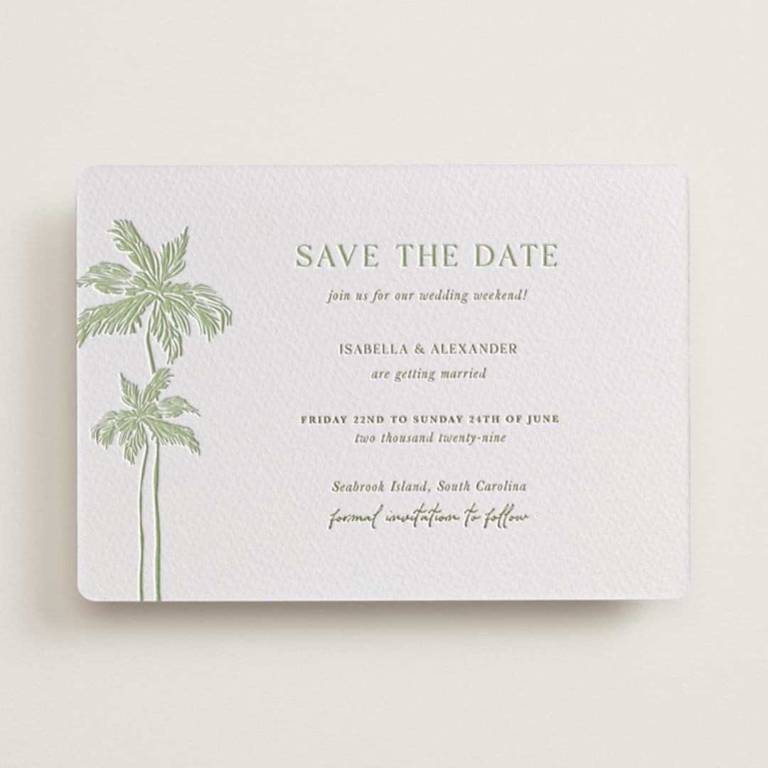 "Shoreline Elegance" - Letterpress Save The Dates in Tea Green by Lucrecia Caporale - One Color