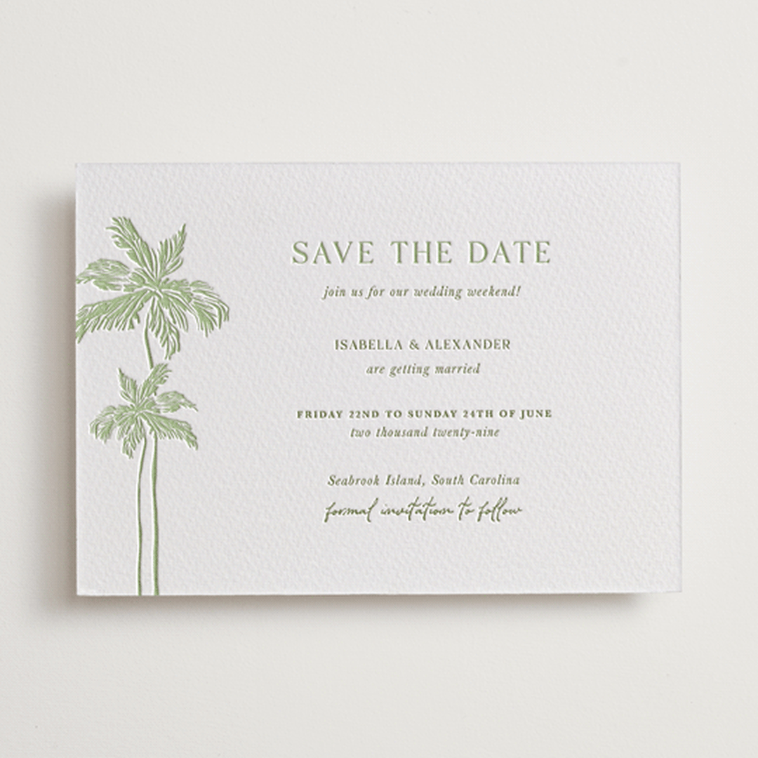 "Shoreline Elegance" - Letterpress Save The Dates in Tea Green by Lucrecia Caporale - One Color
