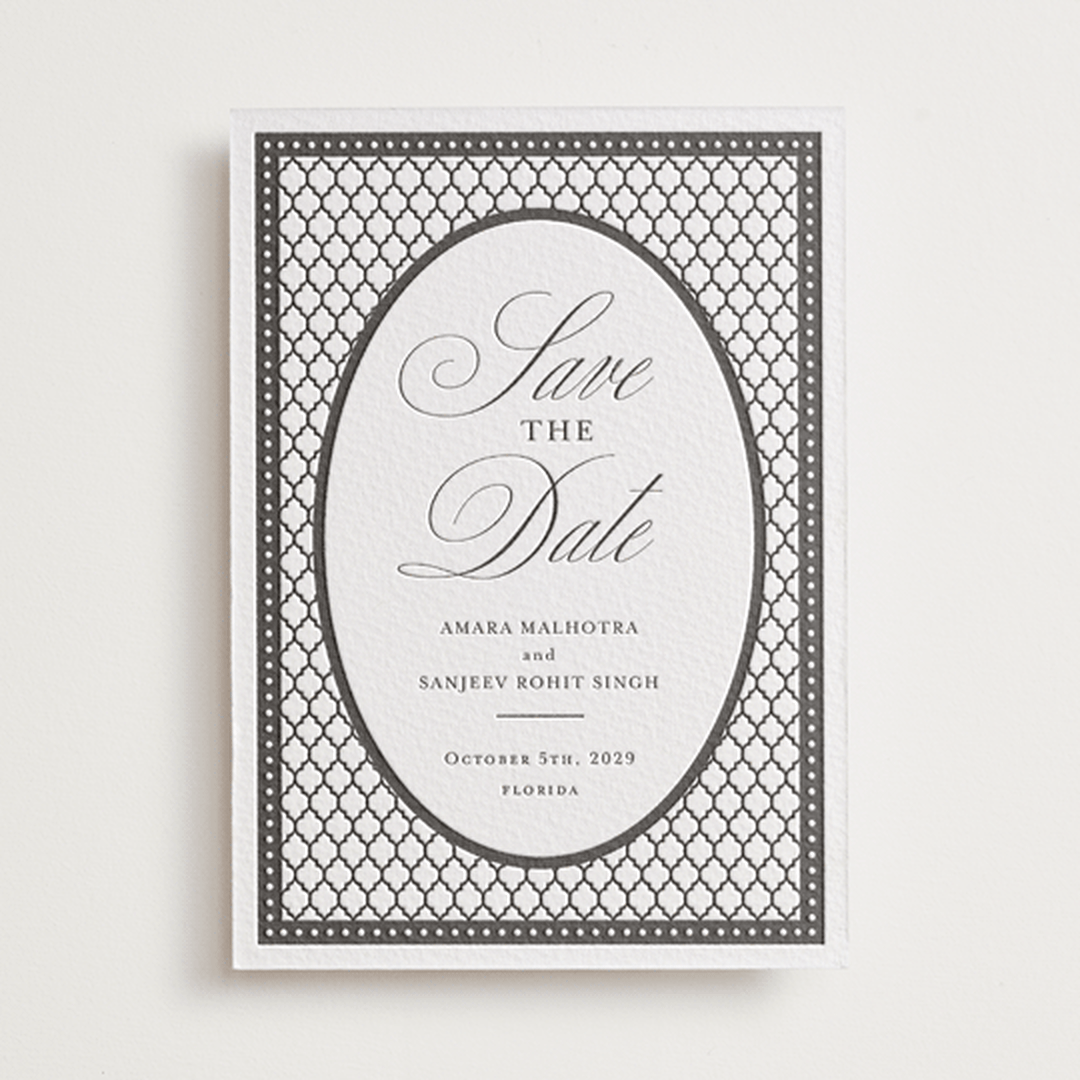 "Kamal" - Letterpress Save The Dates in Soft Black by Oma N. Ramkhelawan - One Color