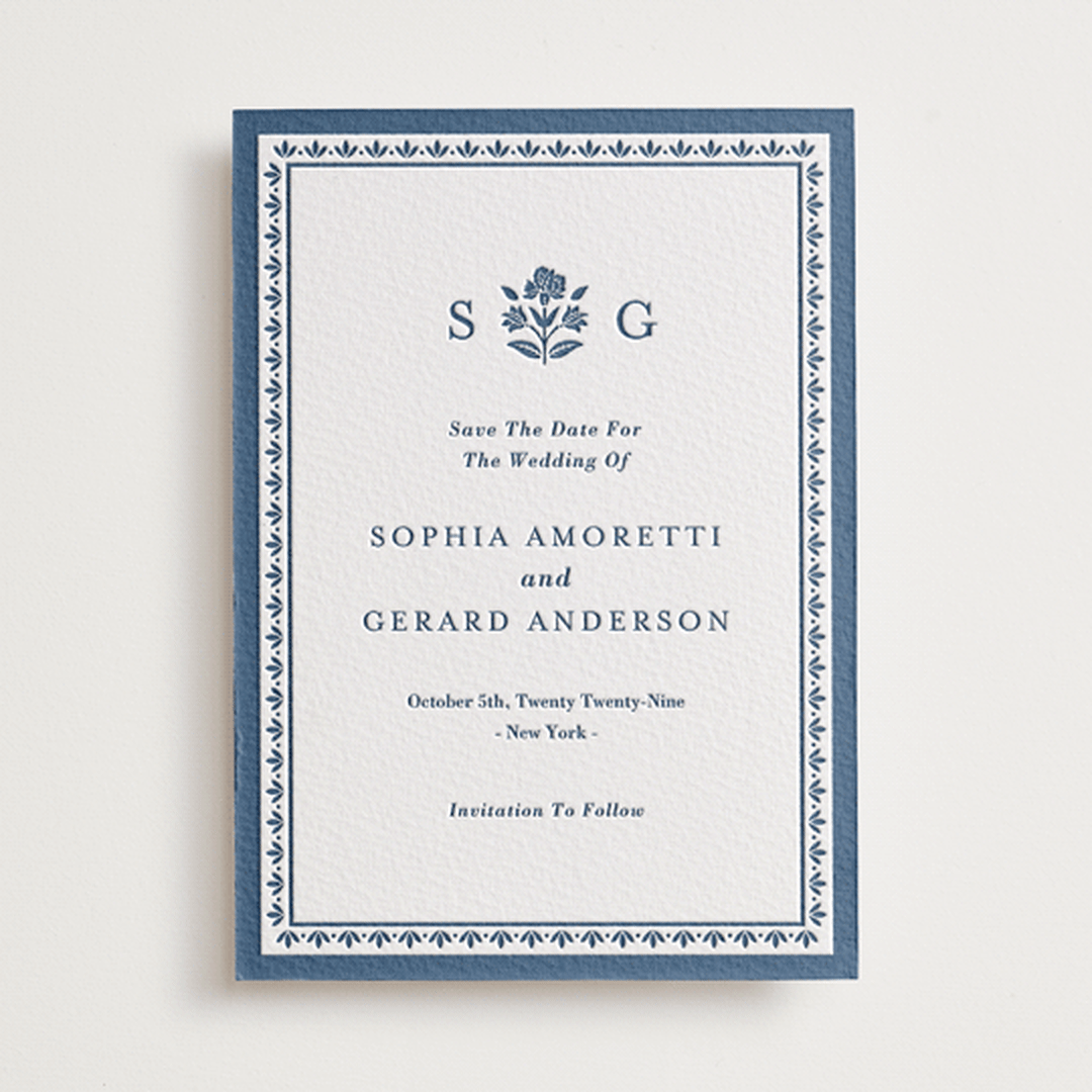 "Pressed Motif" - Letterpress Save The Dates in Indigo by Oma N. Ramkhelawan - One Color