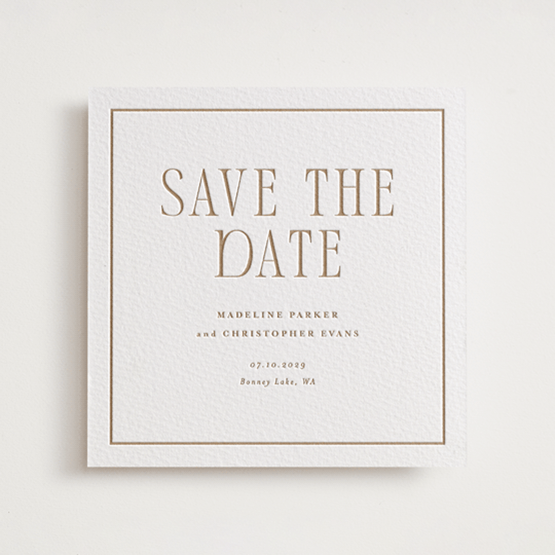"Parker" - Letterpress Save The Dates in Matte Gold by Angela Garrick - One Color