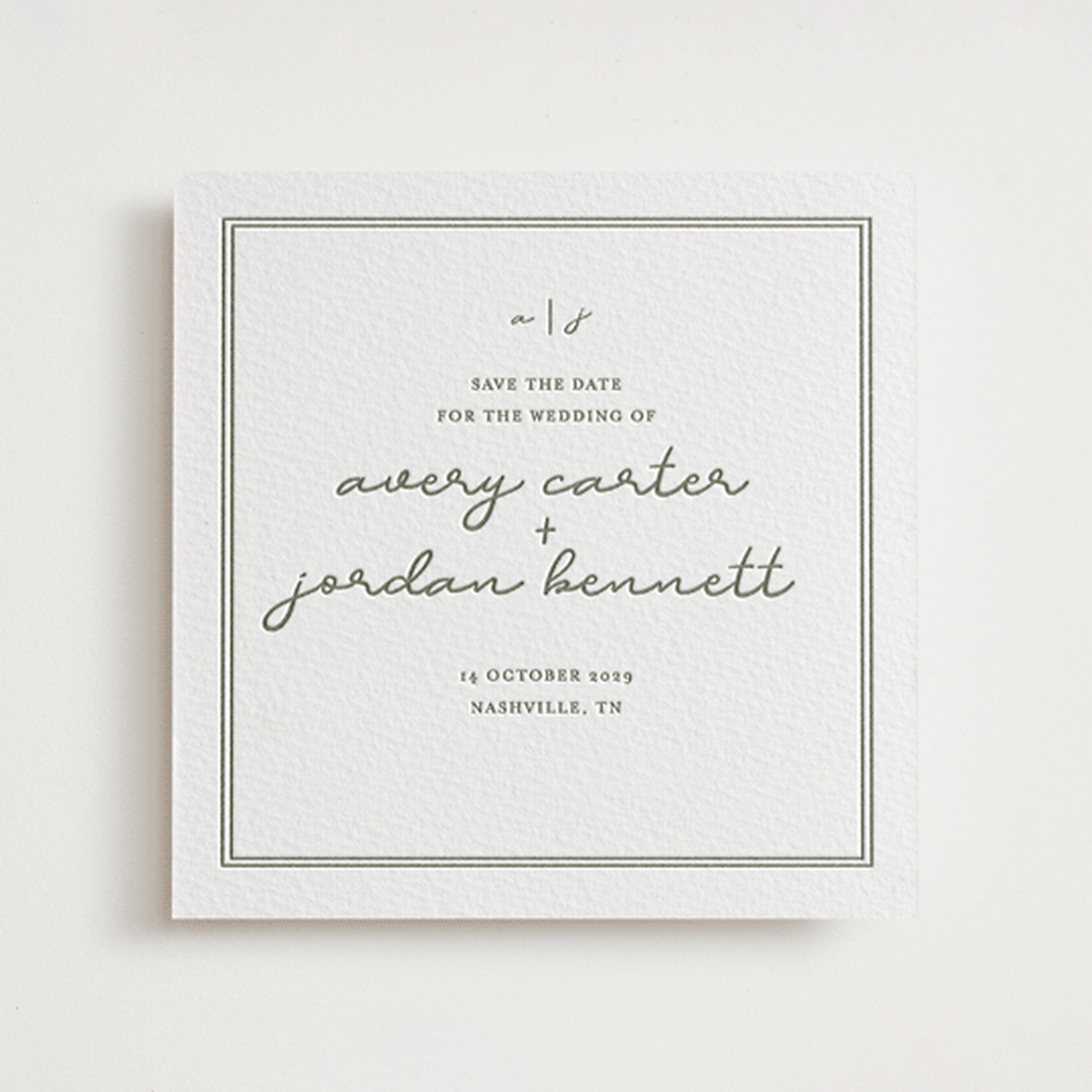 "The Verdure Suite" - Letterpress Save The Dates in Moss by Brittney Jensen - One Color