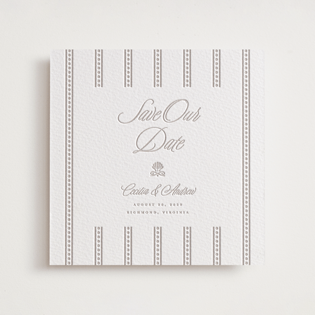 "Shell Border" - Letterpress Save The Dates in Dove Grey by Vera Lim - One Color
