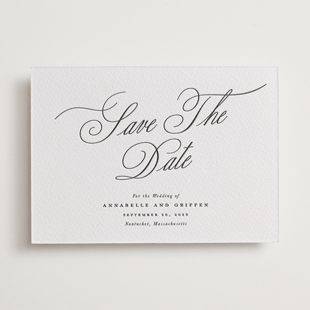 "Romantic Script" - Letterpress Save The Dates in Soft Black by Susan Zinader - One Color