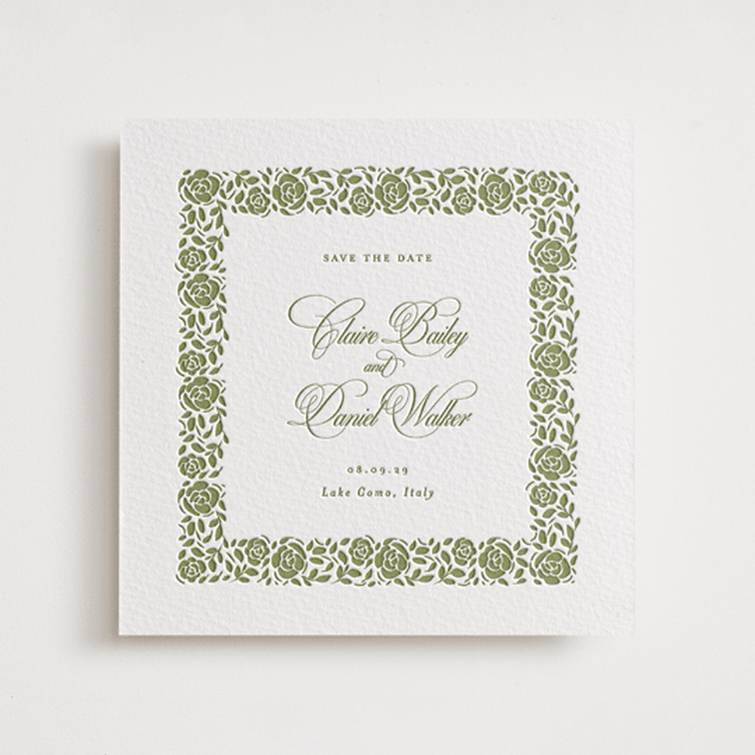 "Vintage Blooms" - Letterpress Save The Dates in Pistachio by Creo Study - One Color
