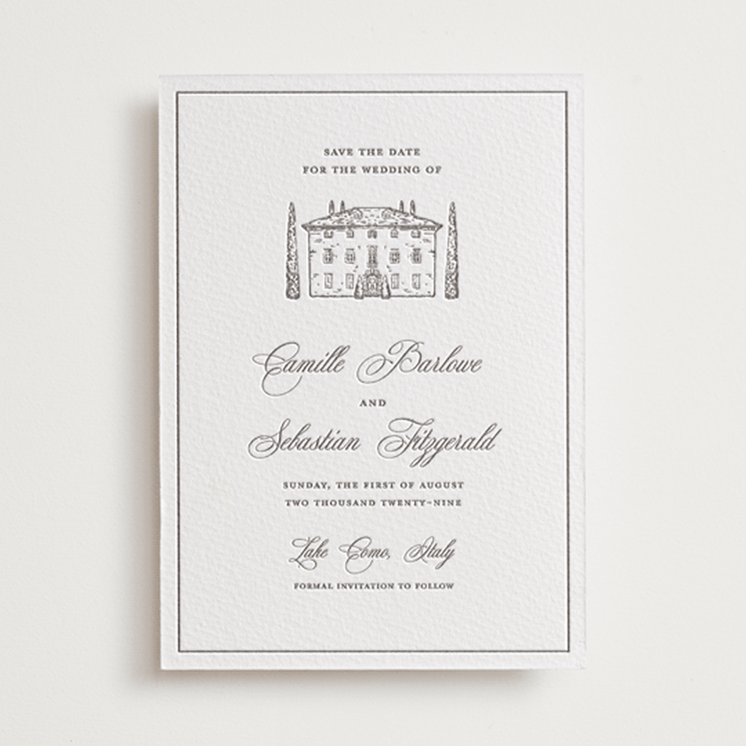"Italian Countryside" - Letterpress Save The Dates in Graphite by Melinda Denison - One Color