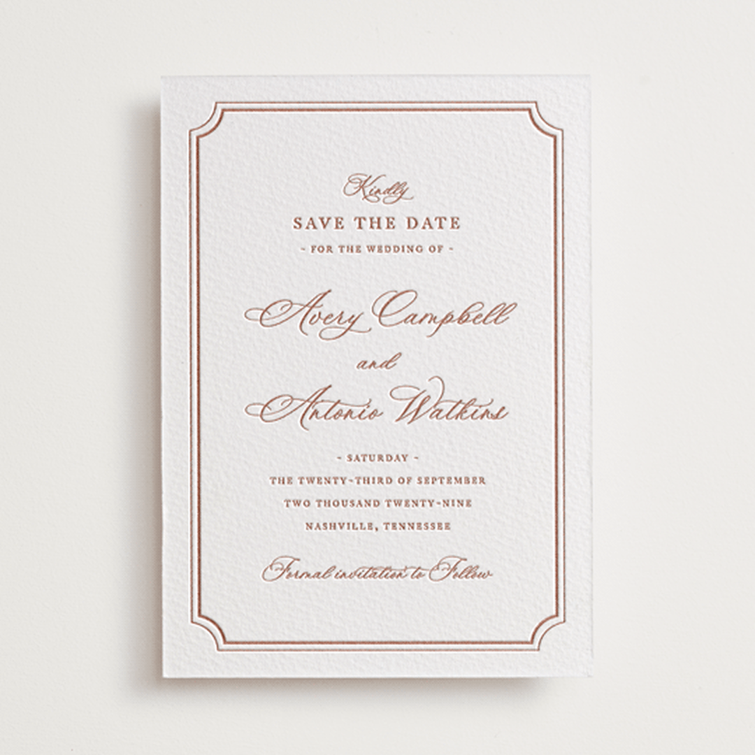 "Avery" - Letterpress Save The Dates in Dusty Rose by Jennifer Postorino - One Color