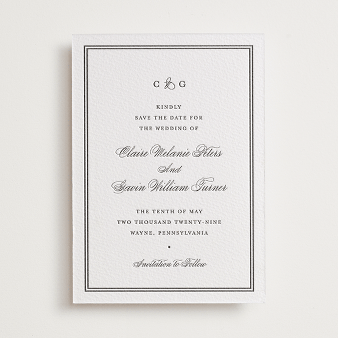 "Timeless Together" - Letterpress Save The Dates in Soft Black by Carolyn MacLaren - One Color