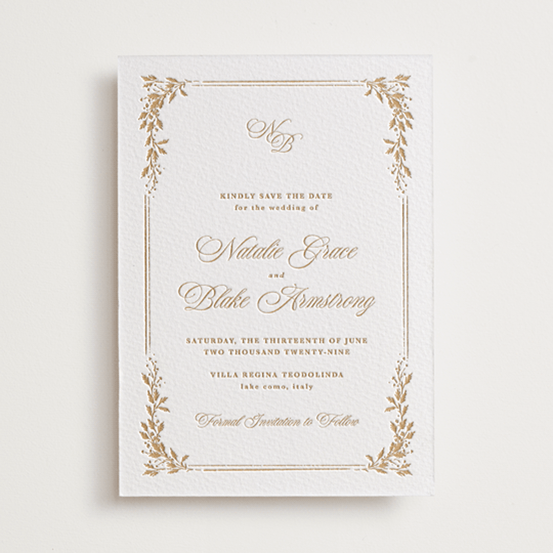 "Lake Como" - Letterpress Save The Dates in Faux Gold by Kate Ahn - One Color