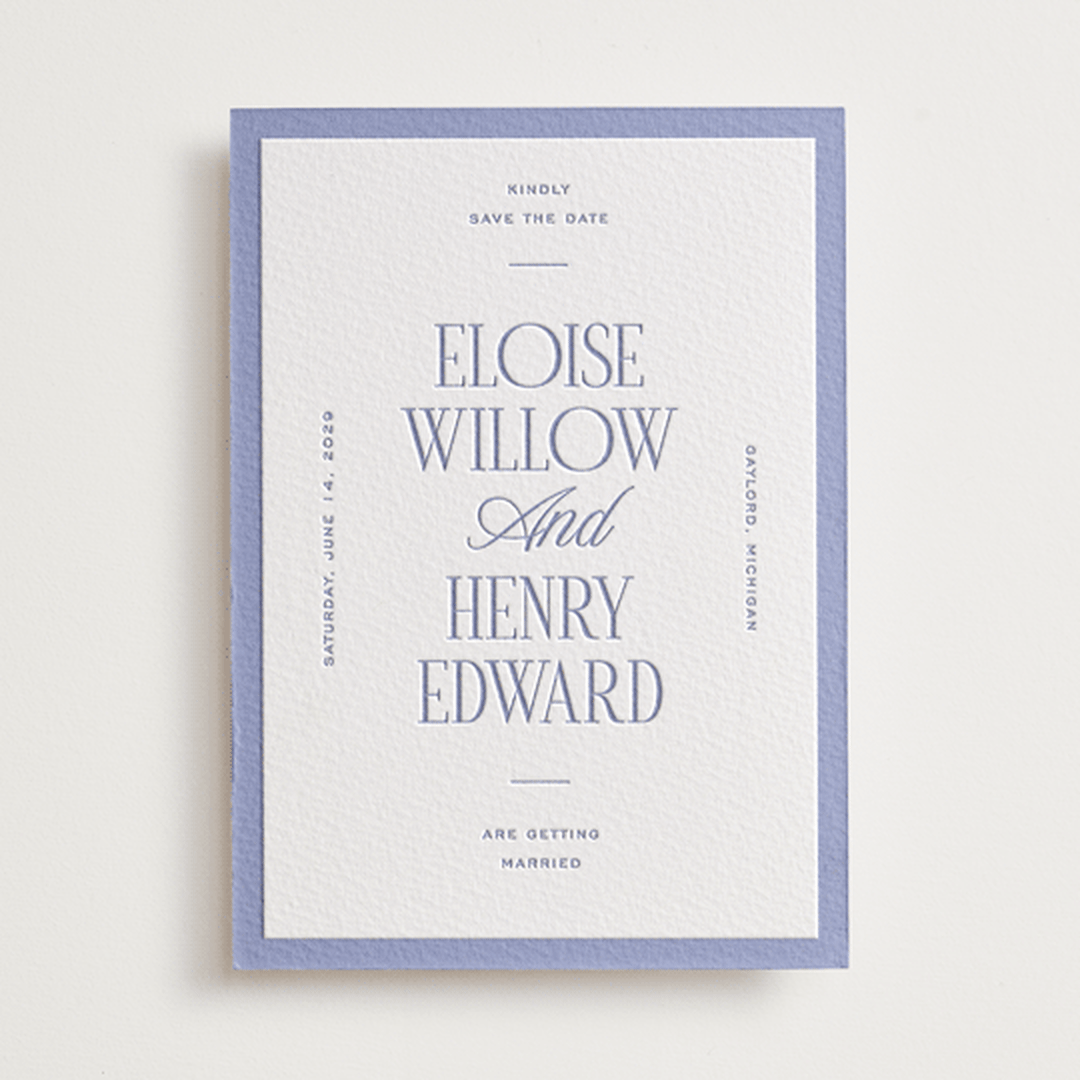 "Threaded" - Letterpress Save The Dates in Periwinkle by Pixel and Hank - One Color