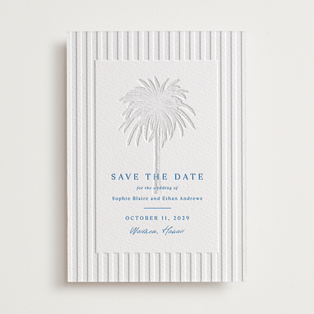 "Palm Tree" - Letterpress Save The Dates in Sapphire by Kaydi Bishop - Two Color
