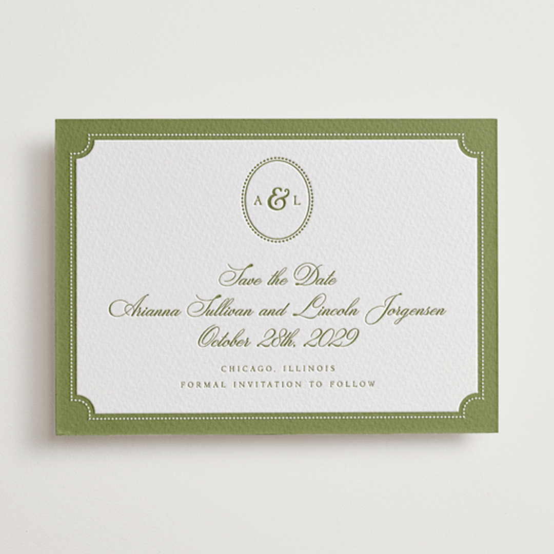 "Darcy" - Letterpress Save The Dates in Pistachio by Robert and Stella - One Color
