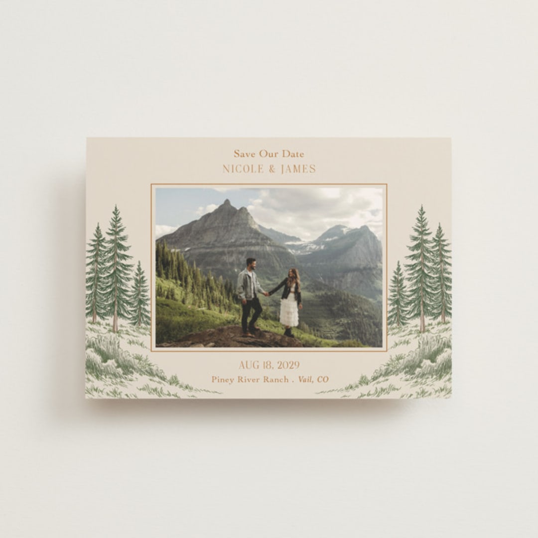 "Whispering Pines" - Save the Dates in Forest by Elly - Front