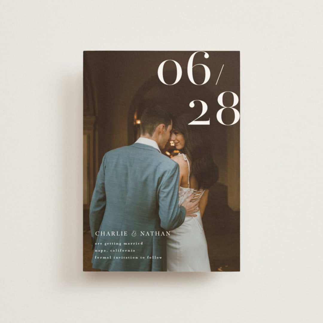 "Our Big Date" - Save the Dates in Pearl by Shannon Chen of Four Wet Feet Studio - Front