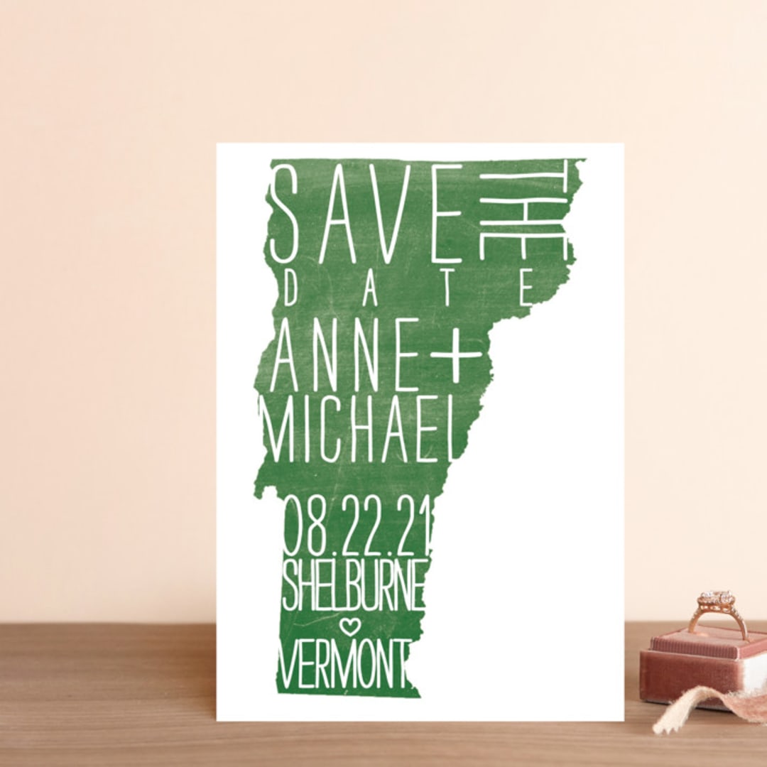 "State Stamp - Vermont" - Save the Dates in Forest by Erin Hodges - Front
