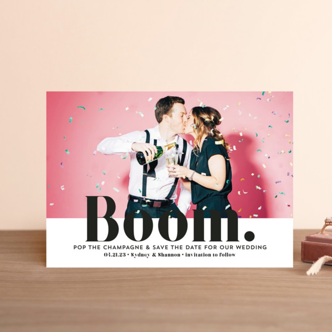 "BOOM Pop the Champagne" - Save the Dates in Midnight by Erika Firm - Front