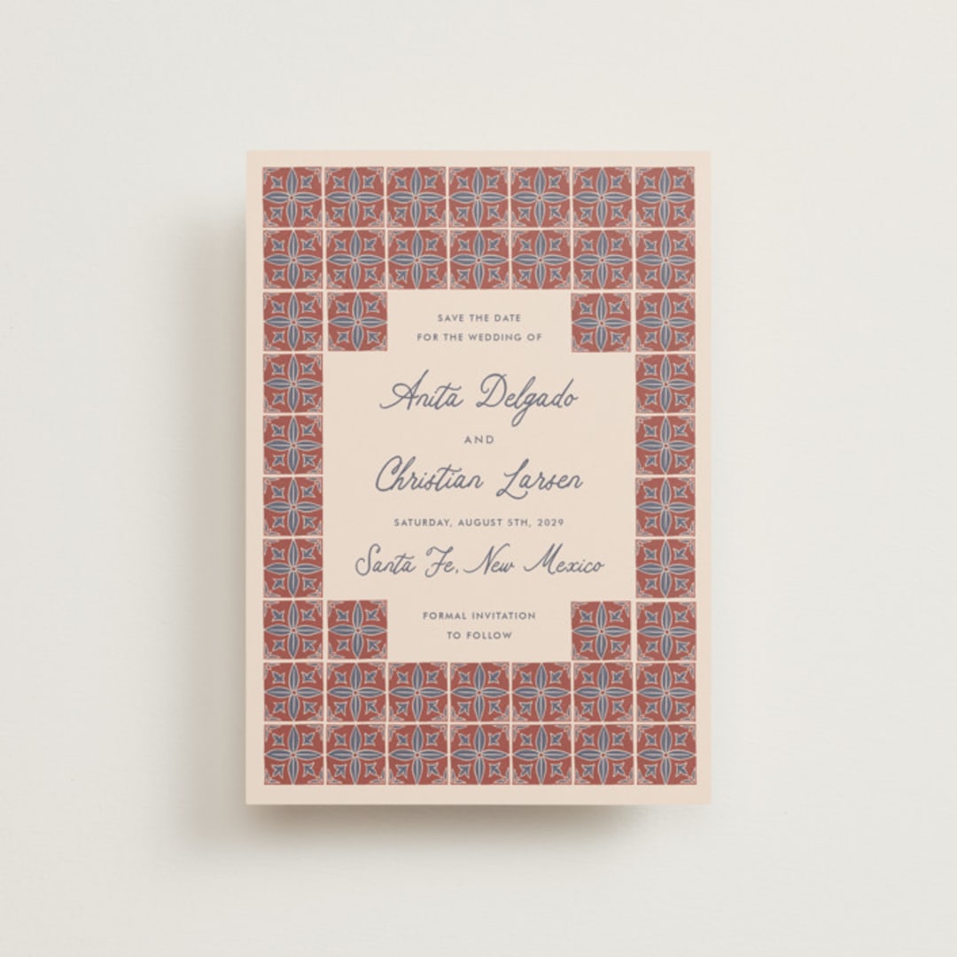 "Block Print Tile" - Save the Dates in Terracotta by Katharine Watson - Front