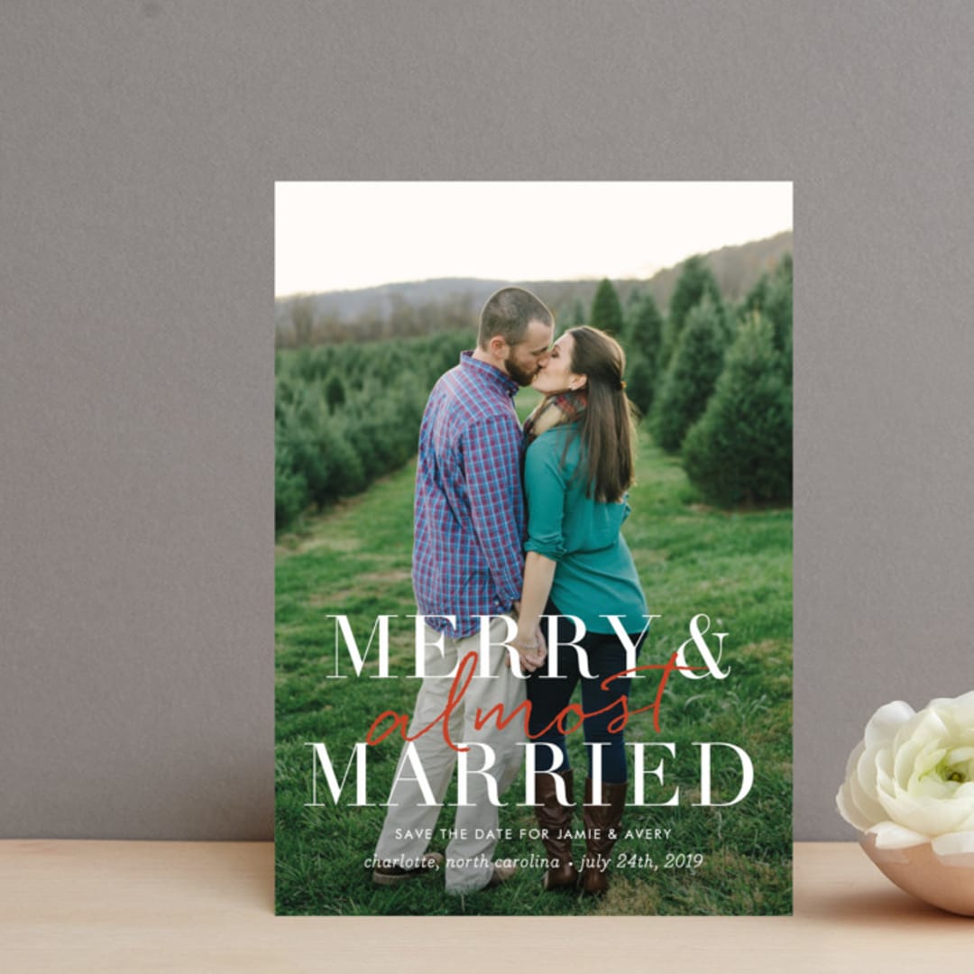 "merry and almost married" - Save the Dates in Snow by Sara Hicks Malone - Front