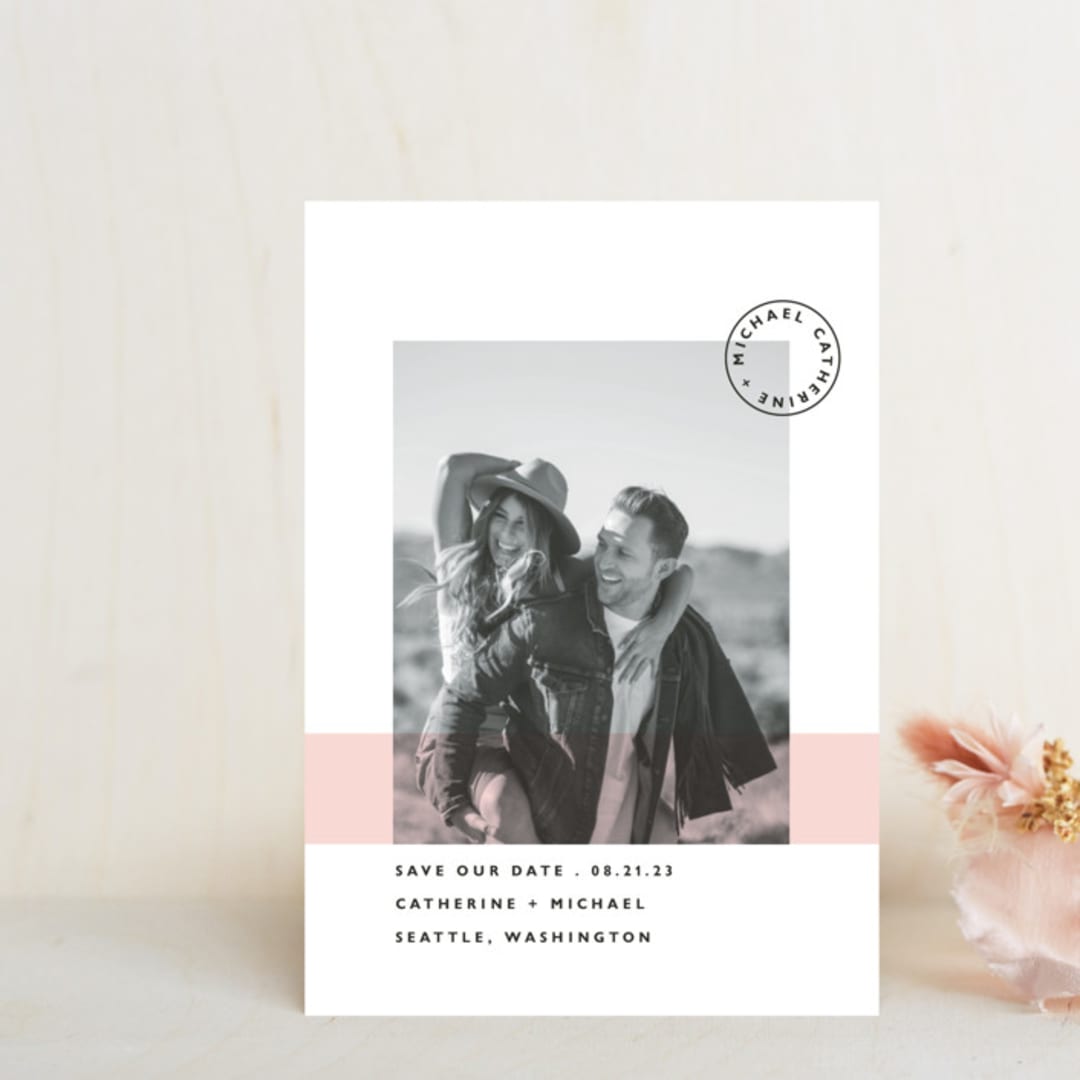 "Sealed with a Kiss" - Save the Dates in Blush by Hudson meet Rose - Front