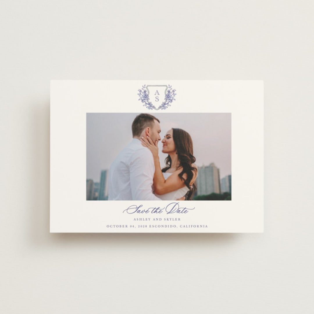 "watercolor flowers crest" - Save the Dates in Dusty Blue by Cass Loh - Front