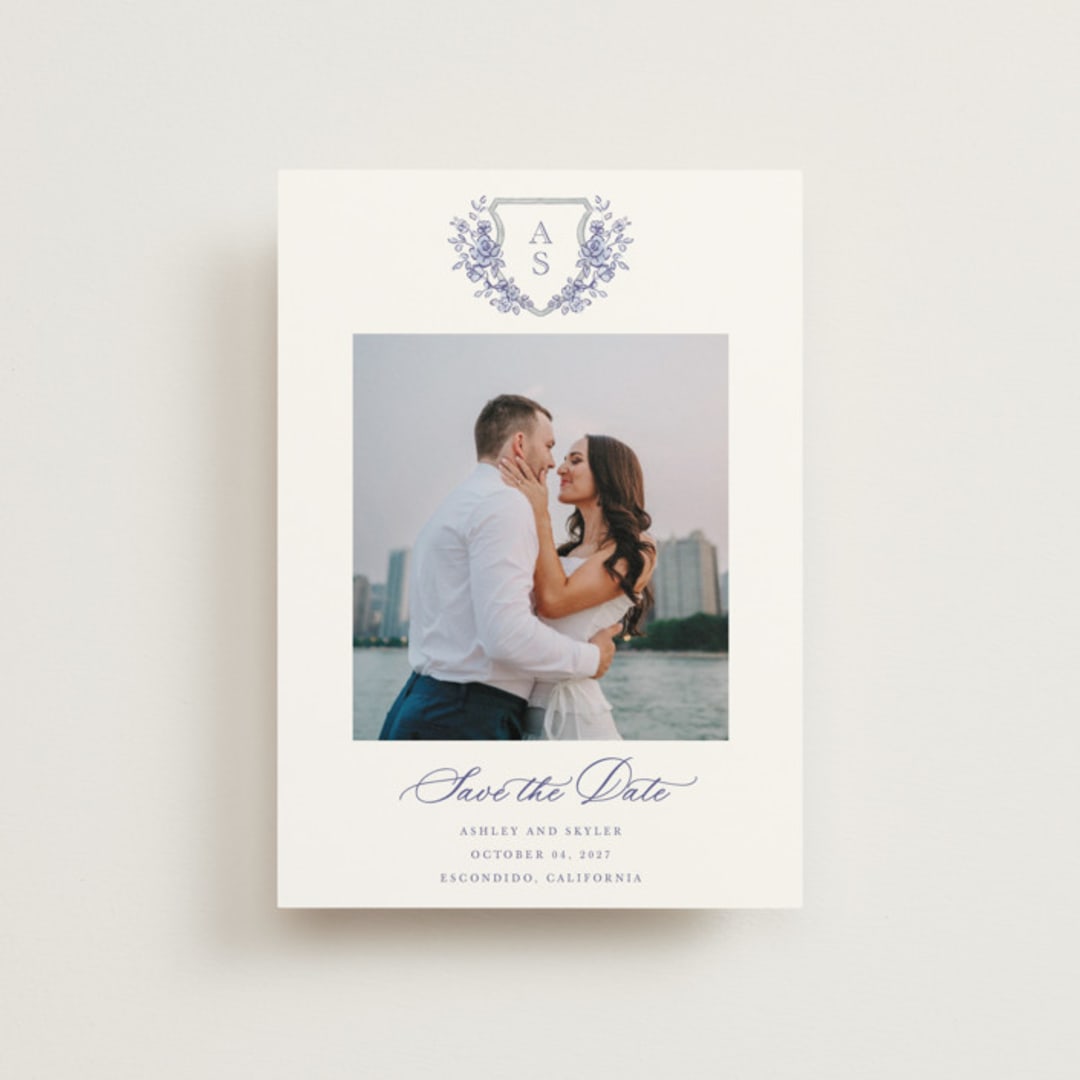 "watercolor flowers crest" - Save the Dates in Dusty Blue by Cass Loh - Front