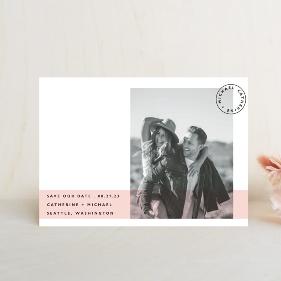 "Sealed with a Kiss" - Save the Dates in Blush by Hudson meet Rose - Front