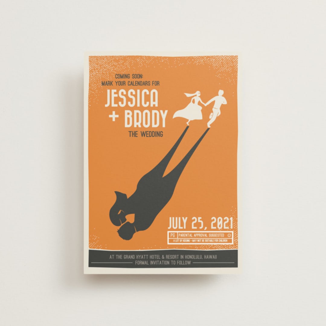 "Retro Movie Poster" - Save the Dates in Tangerine by bumble ink - Front