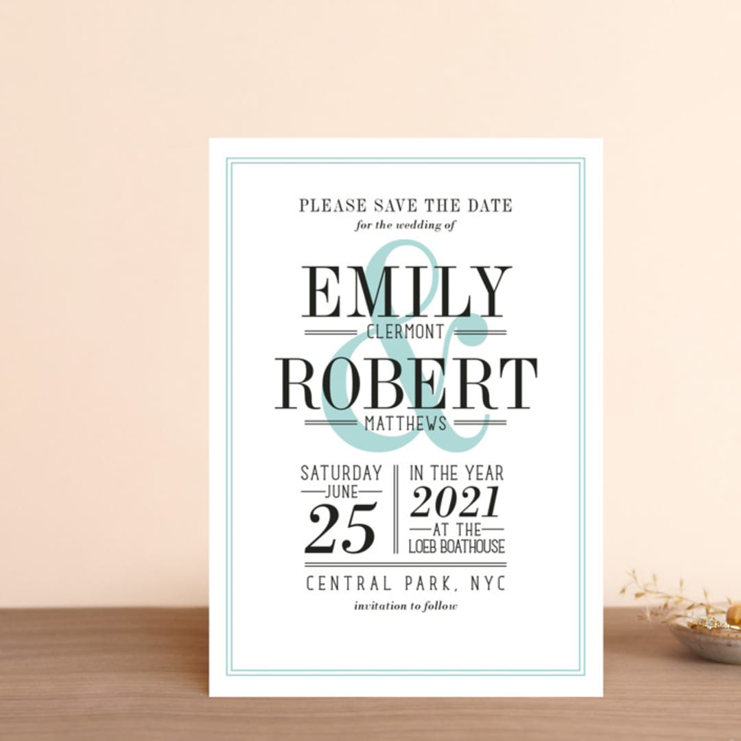 "Wed in Type" - Save the Dates in Sky by Ariel Rutland - Front