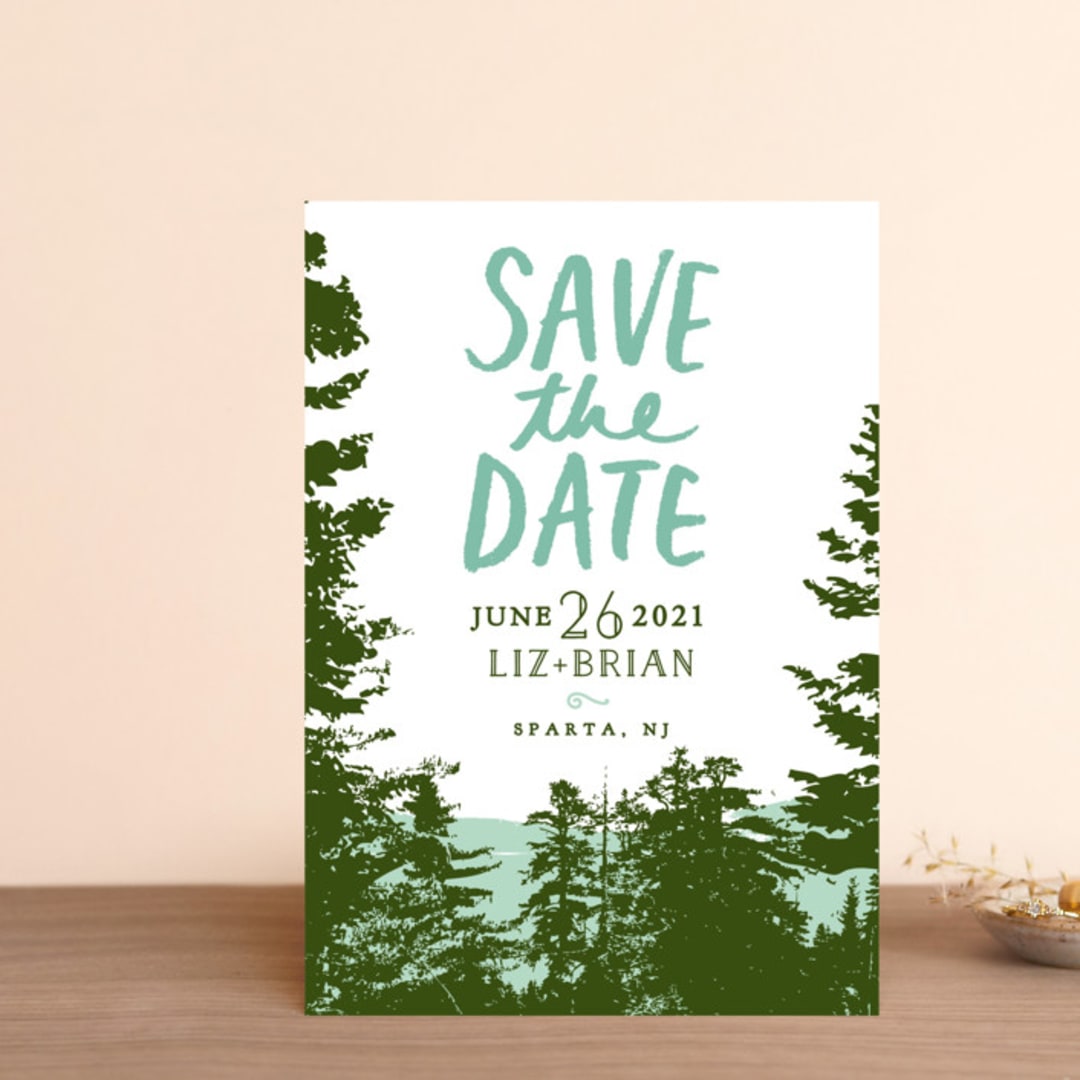 "Mountain View" - Save the Dates in Pine Green by Ariel Rutland - Front
