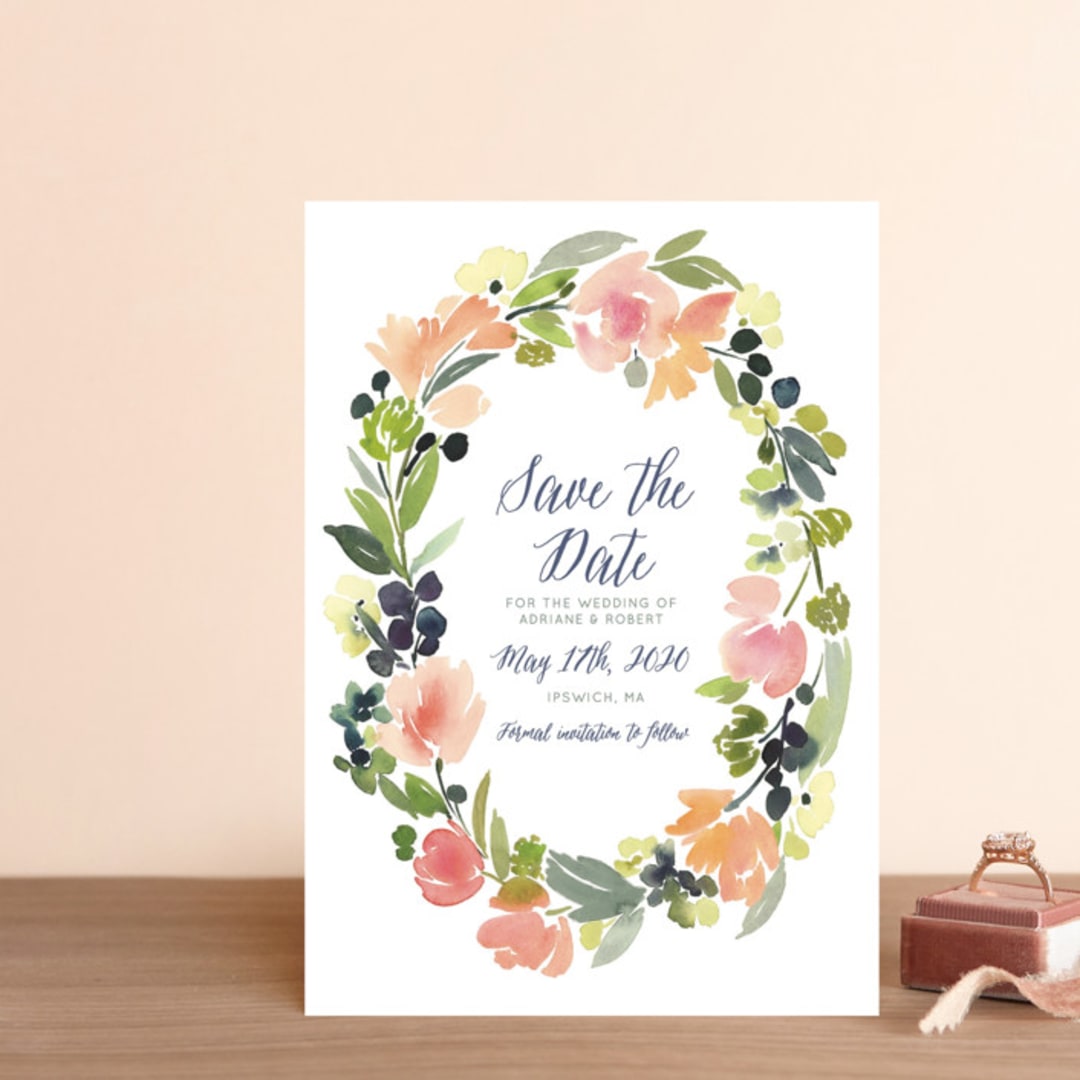 "Watercolor Wreath" - Save the Dates in Grapefruit by Yao Cheng Design - Front