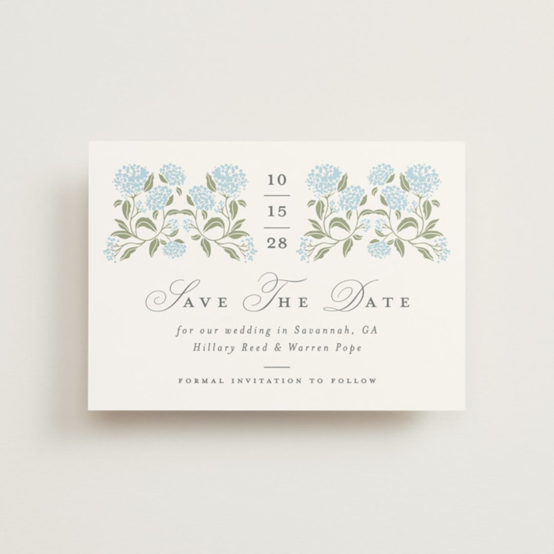 "Hydrangea Hedge" - Save the Dates in Nantucket by Susan Zinader - Front
